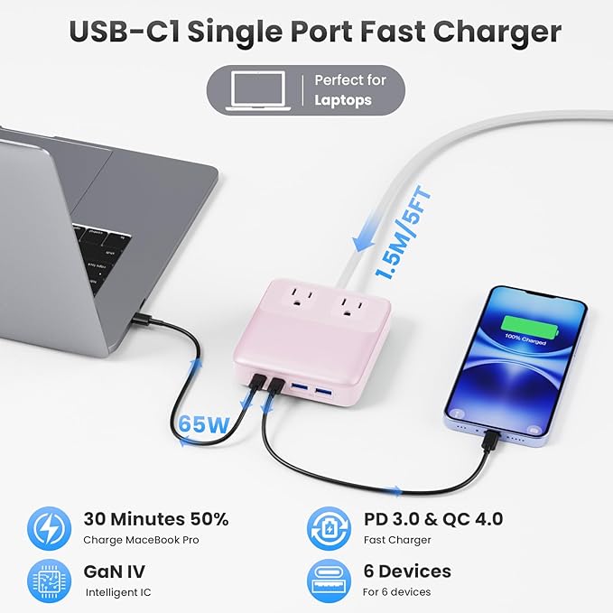 135W Charging Station USB C Power Strip,6-in-1 GaN USB C Charger Block with Plug &5ft Cord,2 AC,2 USB-A,2 USB-C,PD 65W Laptop Charger for MacBook,iPhone 16/15/14,Desktop Fast Charging for Home,Office