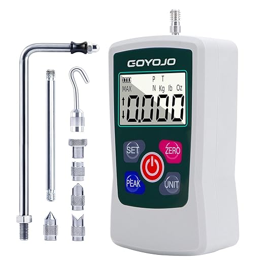 GOYOJO Digital Force Gauge High-Precision Push-Pull Meter for Tension & Compression Testing Units (N, kg, lb, oz) Real-Time/Peak/First Peak Modes Ideal for Quality Control & Material Testing (50N)