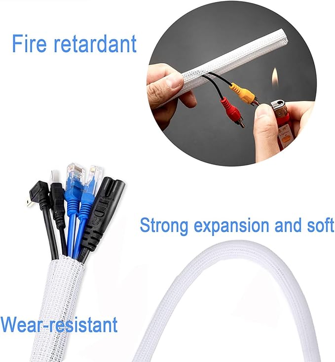 QCSIW 1/2" x 10ft Black/White Cable Sleeve - Protects Cords from Pets & Organizes Wires - Modern Style - Polyester Material - Flame Retardant - Easy to Use & Cut(White, 1/2"-10ft)
