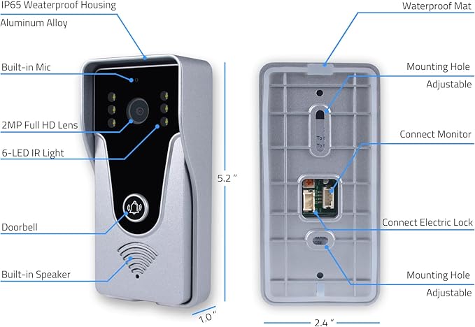 Wired Video Intercom System, 7 Inch Monitor and Aluminum Alloy Doorbell Camera, 2-Way Intercom Audio Video Doorbell Intercom Kits, Support Monitoring, Unlock indoor/outdoor for Home Security System