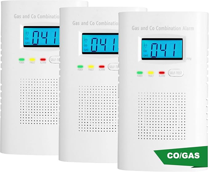 Combination Gas and Carbon Monoxide Detector Plug-in | CO Alarm & Natural Gas Combustible Detector | Digital Display, Battery Backup, Easy Install | for Home Kitchen Safety Monitoring 3-Pack