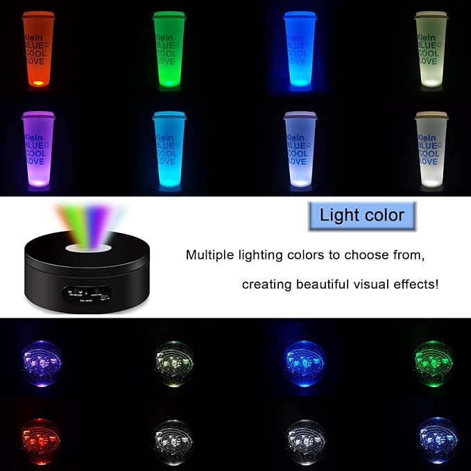 YVV LED Rotating Display Stand, Lighted Base-Crystal Glass Art, 360 Degree Automatic Mute Rotating Turntable, Motorized Display Stand with Colorful Lights, Tumbler Supplies Spinner 4.72in