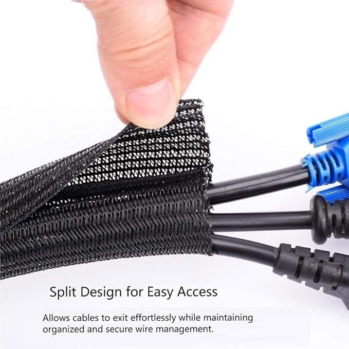 QCSIW 1/2"-10ft*2pcs Black/White Cable Sleeve - Protects Cords from Pets & Organizes Wires - Modern Style - Polyester Material - Flame Retardant - Easy to Use & Cut (Black, 10ft-1/2inch)