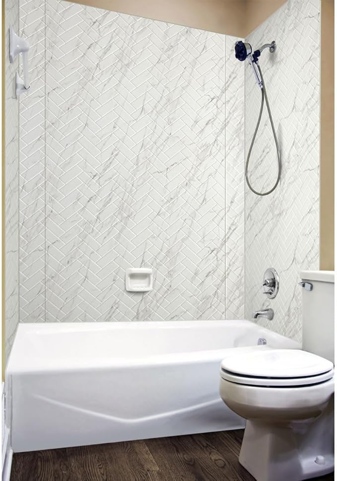 From Plain To Beautiful In Hours 133-640-HERR-KIT Herringbone Tile - Tub and Shower Wall Panels Surround (Covers/ 96 sq. ft.), Marble, 1 Piece