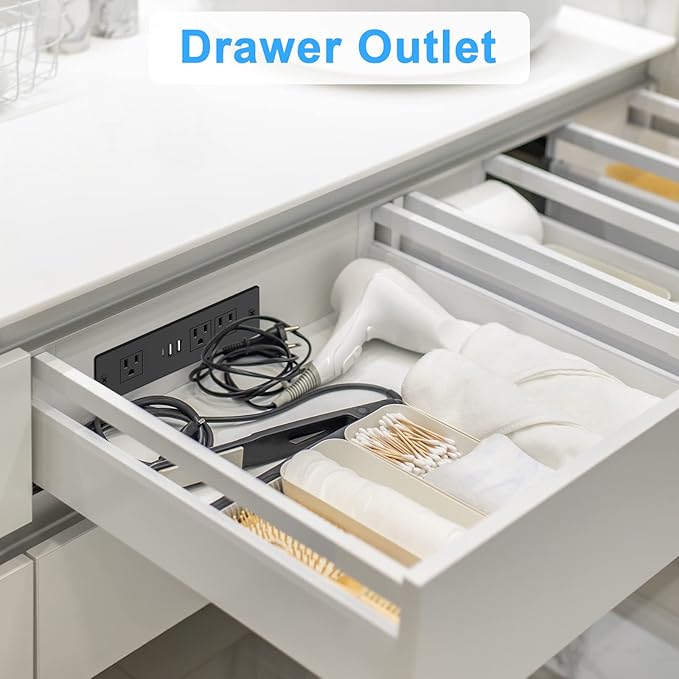 HEZI Recessed Power Strip, Furniture Drawer Outlet with 20W PD USB-C & 18W QC3.0 USB-A, Plug in 3 Outlets & USB Ports, Flush Mount 6FT Black Cord Conference Desk Outlet Fast Charge