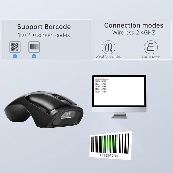 THARO New Wireless Mouse Barcode Scanner, 2-in-1 Design 2D Handheld Barcode Scanner with Wireless Mouse Functions for POS System,Store,Supermarket, Warehouse.(Black)