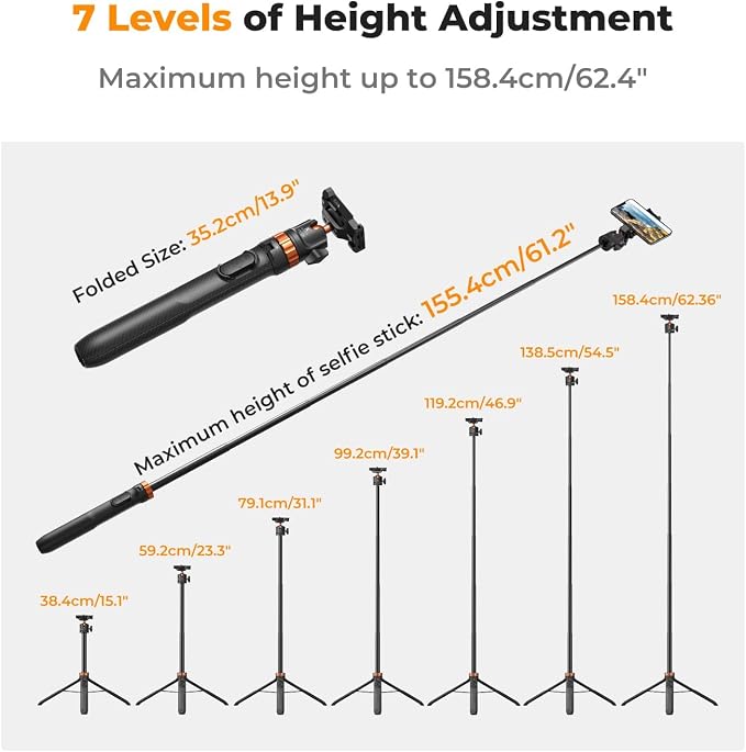 K&F CONCEPT MS08 62'' Phone Selfie Stick Tripod, 2-in-1 Extendable Cell Phone - Image 2