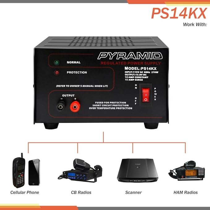 Pyramid Universal Compact Bench Power Supply - 12 Amp Linear Regulated Home Lab Benchtop AC-to-DC 12V Converter w/ 13.8 Volt DC 115V AC 270 Watt Power Input, Screw Type Terminals, Cooling Fan PS14KX