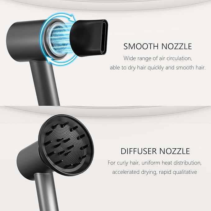 Hair Dryer, High Speed Ionic Blow Dryer, 5X-Fast Drying, 2 Billion Negative Ions, Low Noise,160000 RPM, Compact Blow Dryer with Magnetic Diffuser for Faster Drying All Hair Types(Black Gray)