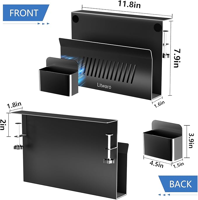 Litwaro Desk Side Storage, No Drill Laptop Holder with Magnetic Pen Holder, Clamp on Laptop Mount with Sticky Headphone Stand, Hanging Organizer for Office, Fits Flat Table Edge 0.4" to 2" (Black) | No Drill, Magnetic Pen Holder, Fits Flat Table Edge
