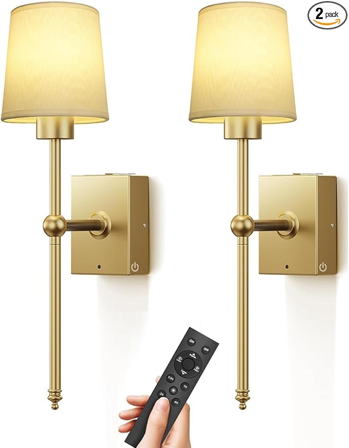 Upgrade Battery-Operated Wall Sconces Set of 2 pieces: Rechargeable Wall Lights 8000mAh with Remote Control, Gold Wireless Battery Powered Wall Lamp Wall Scone for Living Room Bedroom Hallway Bathroom