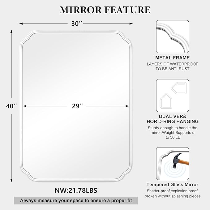 White Bathroom Vanity Mirror for Over Sink 30" x 40" Modern Rounded Corner Rectangle Wall Mirror Decorative with Non-Rusting Iron Metal Framed (Horizontal/Vertical)
