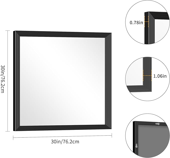 Black Bathroom Mirror 30 x 30 Inch Rectangle Wave Beveled for Wall Bathroom Vanity Mirror for Over Sink, Tempered Glass,for Entryway Hangs, Bathroom Living Room Horizontal or Vertical