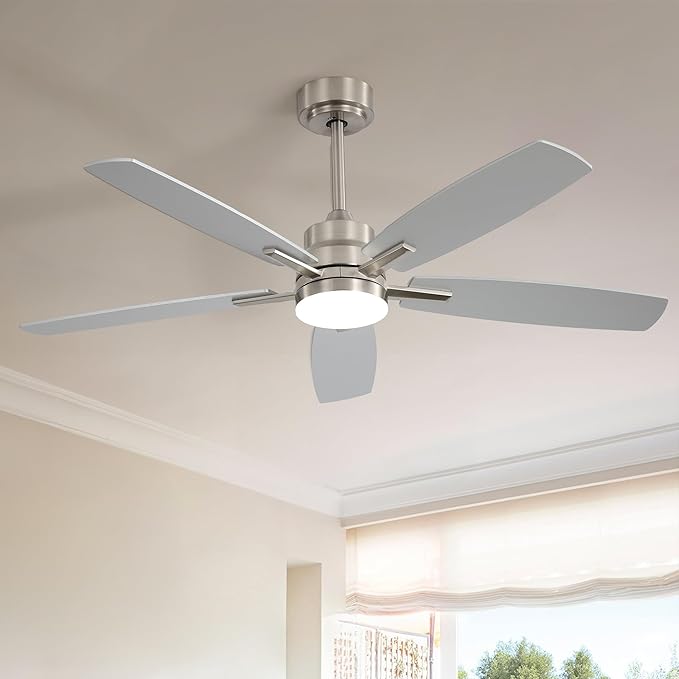 ARTPLAN 52" Ceiling Fan with Light and Remote, Noiseless DC Motor & Reversible Blades - Flush Mount LED Ceiling Fan for Bedroom, Living Room, Dining Room,Nickel