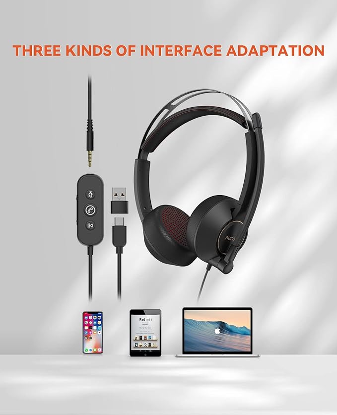 NUROUM HP11SU USB Headset with Microphone for PC, Single-Ear Headphones with ENC Boom Mic, Wired Computer Headset with Inline Control, USB A/Type-C/3.5mm for Work/Home Office/Call Center Zoom/Teams