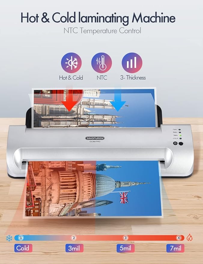 SINOPUREN 13-Inch Thermal & Cold Laminator Machine, Quick Warm-Up, 3 Temp Settings, Jam-Free ABS, Built-in Paper Trimmer & Corner Rounder, 10 Laminating Pouches, for Home Office School