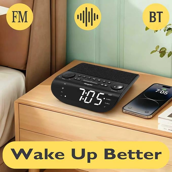 MangoKit FM Radio with Bluetooth 5.3, Dual Alarm Clock for Bedrooms, 90dB Loud Alarm for Heavy Sleepers, Snooze, 9 Natural Sounds, Stereo Speakers, Large Dimmable Display |20 FM Presets | Clear Screen