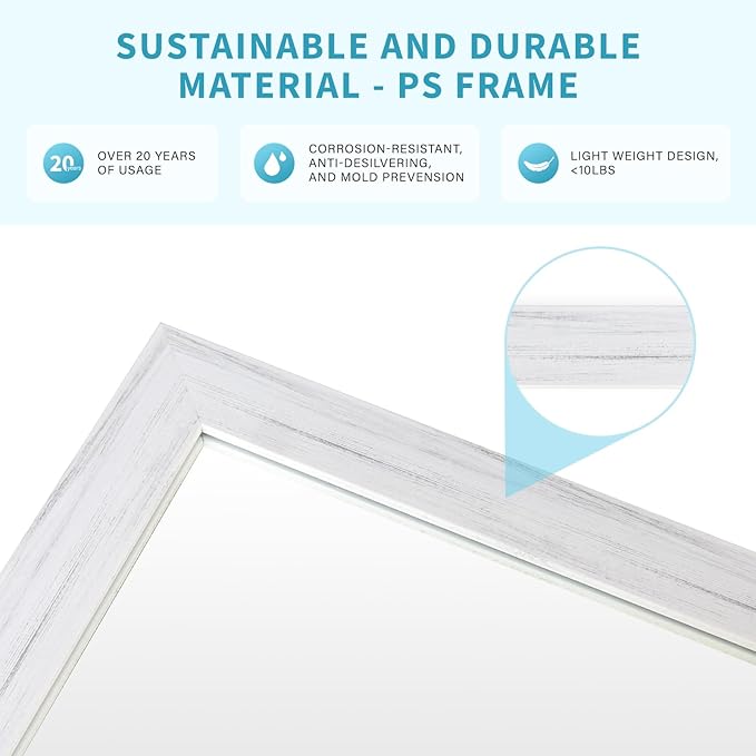 White Wood Effect Framed Wall Mirror, 24x36 Rectangle Mirror, Anti-desilvering Tempered Glass, Sustainable& Sturdy Frame, Anti-Rust, HD Reflection &3min Fast Setup for Bathroom Living Room