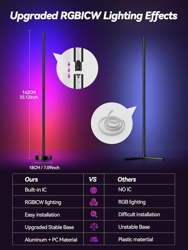 Corner Floor Lamp, 2 Pack LED Corner Lamp with App and Remote Control, RGBICW 16 Million DIY Colors & 68+ Scene, Music Sync, Color Changing Smart Ambient Light for Living Rooms, Bedrooms, Gaming Room