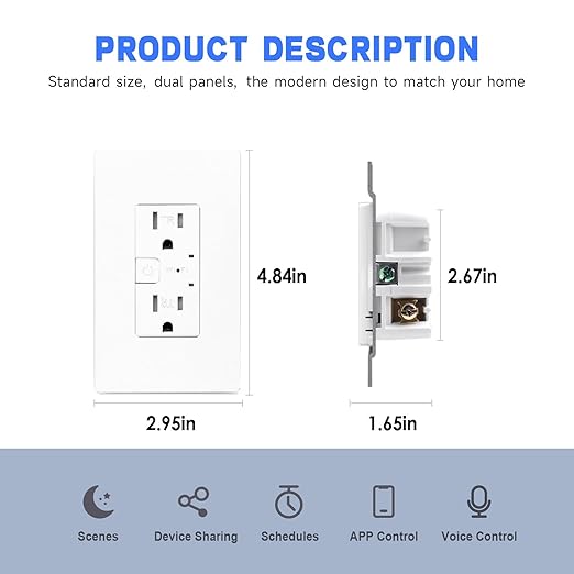 Smart Wall Outlet, Smart Tamper Resistant Outlet Compatible with Alexa and Google Assistant, Remote Control, ETL & FCC Approvel Samrt Receptacle, Requires 2.4 GHz Wi-Fi, No Hub Required, 2Pack