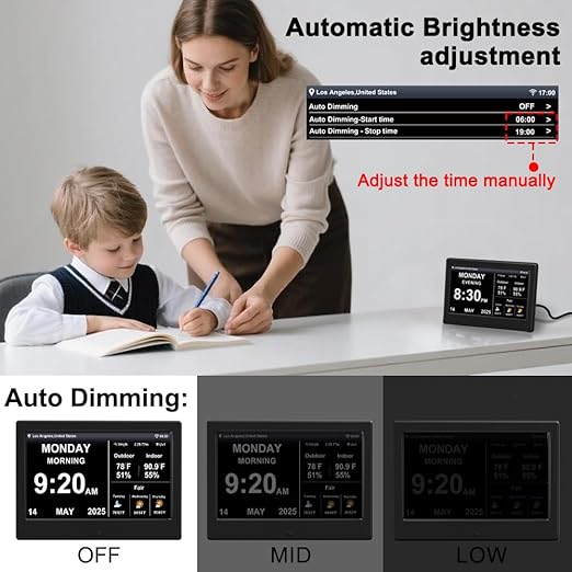 FEYBYLA 2025 New Digital Clock with Temperature/Humidity & Weather Forecast, Auto Time Sync Large Display, Custom Alarms & Medication Reminders, Ideal for Elderly(Black, 7-Inch)