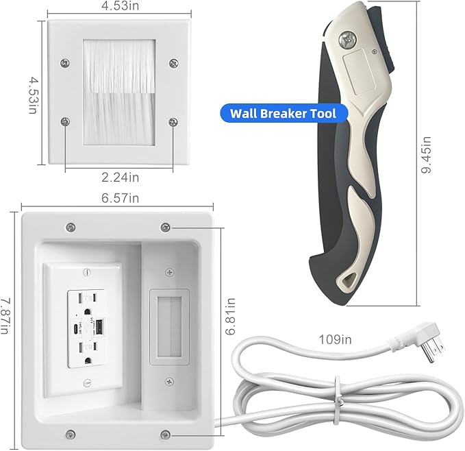 GEVINFA in-Wall TV Cable Management Kit with Power, Dual Outlets, USB-A & USB-C Ports, 9ft/109in Cord, Includes Wall Cutting Tools, Hide TV Wires for Clean Home Theater Setup