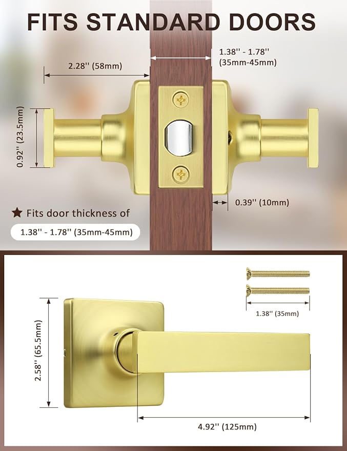 Mengico 1 Pack Passage Door Levers Gold Finish, No-Locking Keyless Square Door Knob, Interior Door Handles for Closet and Hallway, Reversible for Left & Right Handed