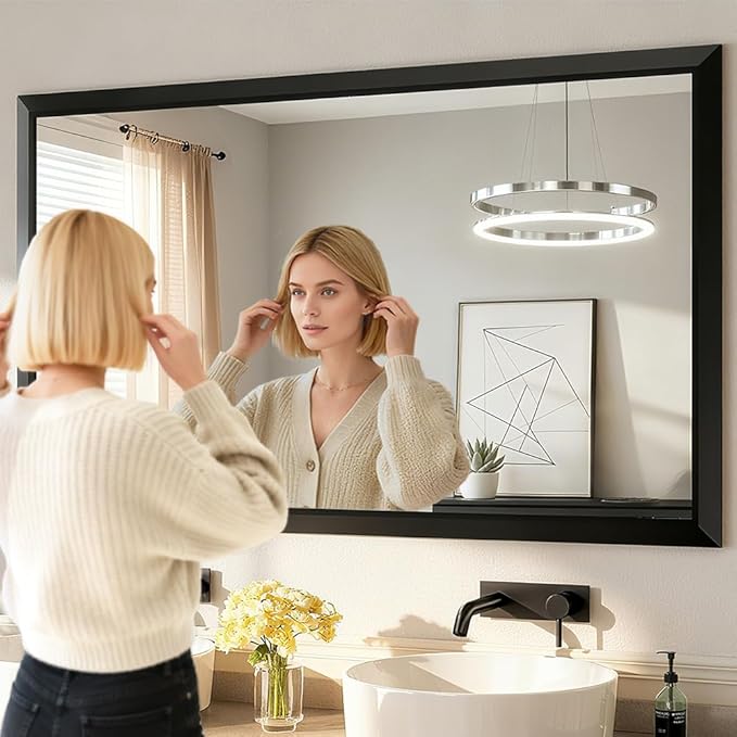 SMIROR Matte Black Bathroom Mirror for Over Sink 66x 36 inch, Metal Thick Frame Rectangle Vanity Mirror for Wall, Anti-Rust, Horizontally or Vertically Mounted