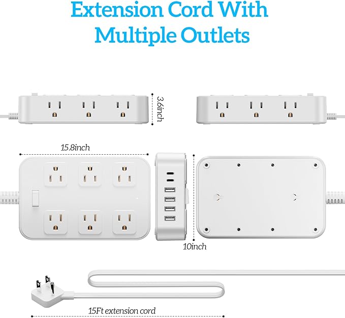 Solidock Flat Plug Power Strip Surge Protector with 12 AC Outlets 6 USB Ports 3 Side Multi Plug Outlet Extender 15 Ft Extension Cord for Home Office Kitchen Dorm Wall Desk Charging Station ETL Listed