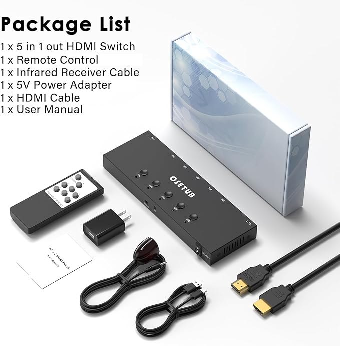 4K@60Hz 5 in 1 Out HDMI Switch, 5 Port HDMI Switcher Selector Support HDR10 & HDCP 2.2 & Full 3D with IR Remote Control Compitable with Nintendo Switch,Xbox PS5/4,Fire Stick,Roku,Apple TV for Gaming