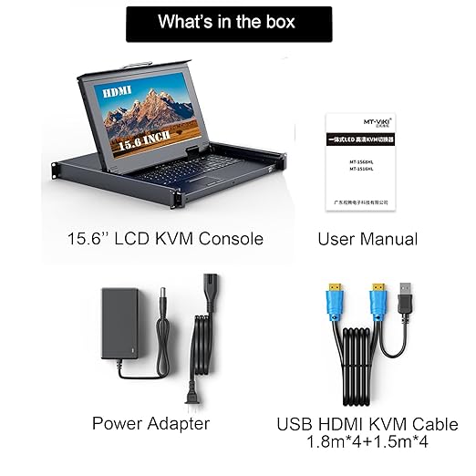 MT-VIKI 8 Port KVM HDMI Switch w/15.6'' LCD Monitor, Fit 1U 19" Rack 600-800mm deep Server Cabinet w/Keyboard Touchpad Drawer+ 8 HDMI KVM Cables