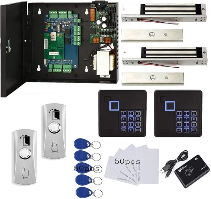 MENGQI-CONTROL TCP/IP 2 Doors Access Control System Kits Metal Push Release Button Electromagnetic Lock RFID Keypad Reader Power Supply Box Cards/Key fobs (Phone APP remotely Open Door)