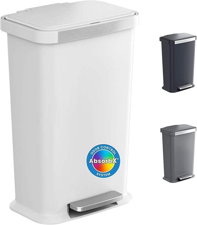 iTouchless SoftStep 13.2 Gal / 50L Step Pedal Kitchen Trash Can with Odor Filter, Durable Dent-Proof Construction and Stainless Steel Trim, Garbage Bin with Lid for Home Office, Bedroom, White Plastic