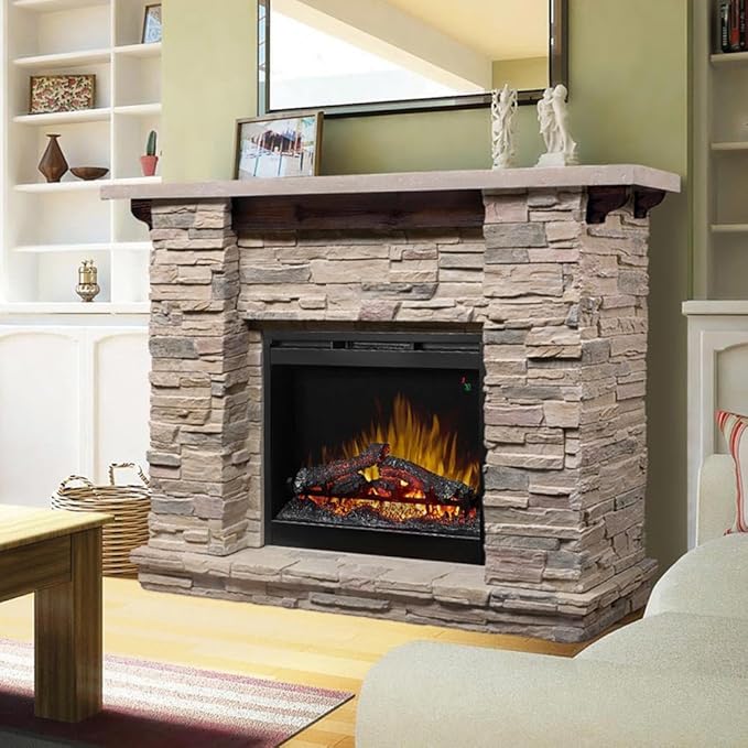 Dimplex Featherston Electric Fireplace with Mantel Surround Package | Pine with Gray Stone-Look, Includes 28" Electric Firebox Heater | 1500W | LED Flames | Remote Control | #GDS28L8-1152LR