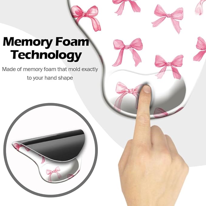 Ergonomic Mouse Pad with Wrist Support,Cute Mouse Pad with Wrist Rest and Coaster Set,Office Supplies Non-Slip Mouse Pads for Desk, Non-Slip Comfortable,Pink Bow