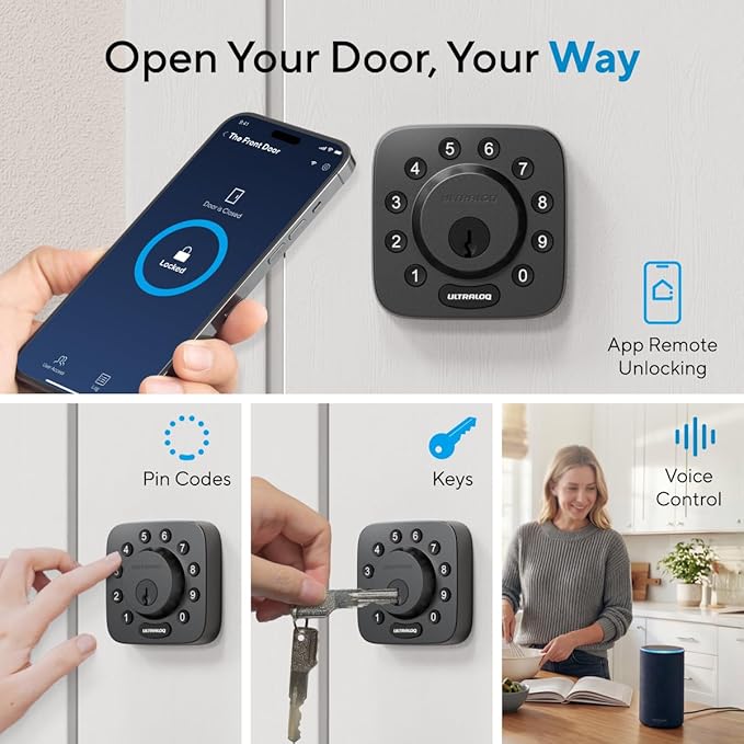 ULTRALOQ U-Bolt WiFi Smart Lock with Door Sensor, Built in Wi-Fi Keypad Deadbolt, Smart Door Lock for Front Door, Remote Control, Auto-Lock, Auto Unlock, Works with Alexa, Google, ANSI Grade 1