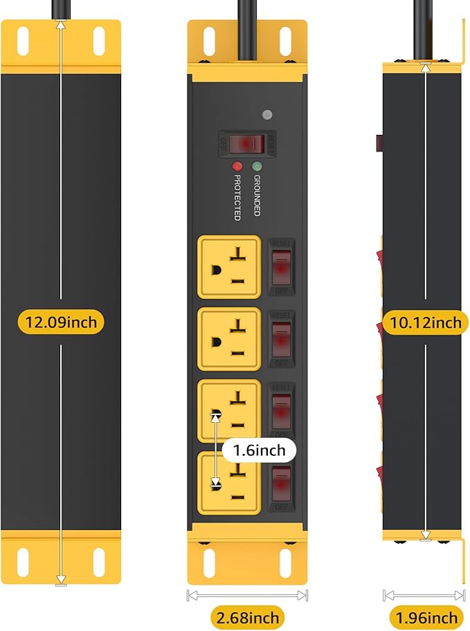 CCCEI Heavy Duty Surge Protector Power Strip 20 Amp Individual Switches. 6FT 12 Gauge Extension Cord with Multiple Outlets. Kitchen, Garage, Shop, Industrial Wall Mount Electric Extender, Yellow.