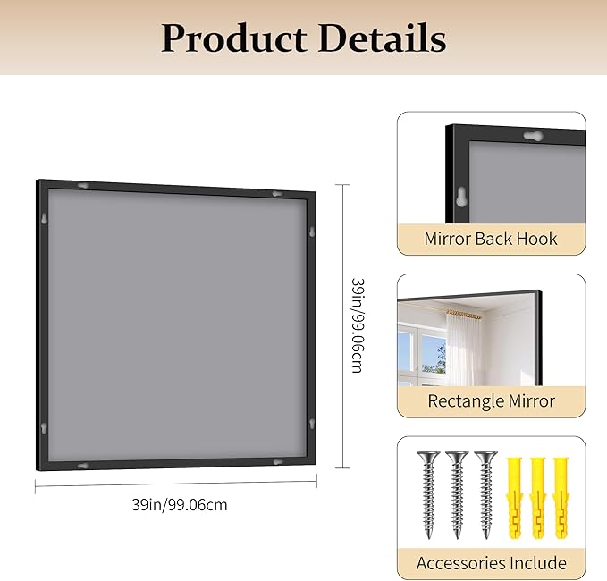 Black Bathroom Mirror for Wall, 39x39 Inch Rectangle Mirror with Metal Frame, Square Modern Vanity Mirrors for Bathroom Living Room, Entryway Hangs Horizontal or Vertical