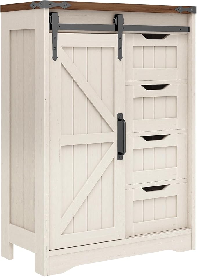 Farmhouse Bathroom Storage Cabinet, Bathroom Cabinet with 4 Drawers and Sliding Door, Farmhouse Floor Storage Organizer for Kitchen, Living Room, Rustic Style, White