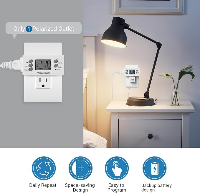 DEWENWILS 24 Hour Outlet Timer, 125V 15A 1000W Timers for Electrical Outlets, 1 Polarized Outlet, Digital Light Timer for Indoor Lamp, Fan, Aquarium, 1/2 HP, 2 Pack, UL Listed