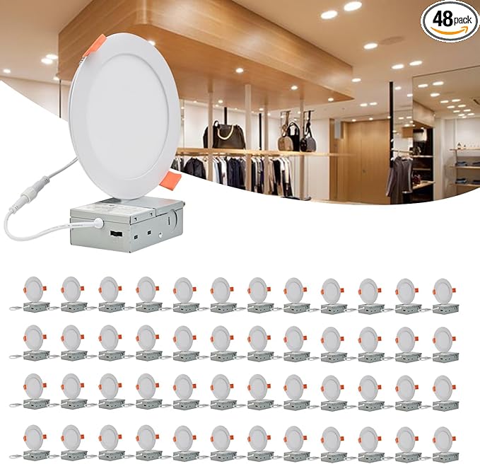 MKUJOO 48 Pack 4 Inch Ultra-Thin LED Recessed Ceiling Light with Junction Box,Panel Light,Daylight, 9.5W,2700K/3000K/3500K/4000K/5000K Selectable Dimmable Downlight ETL&FCC&CE Energy Star Certified