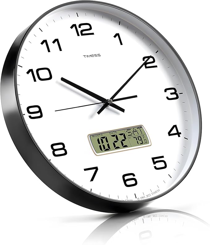 TIMESS Wall Clock, 13" Dial Non-Ticking Silent Battery Operated Analog with LCD Display for Perpetual Calendar and F° Temperature, Ideal Modern Home, Bedroom, Kitchen, Office Decor(Black)