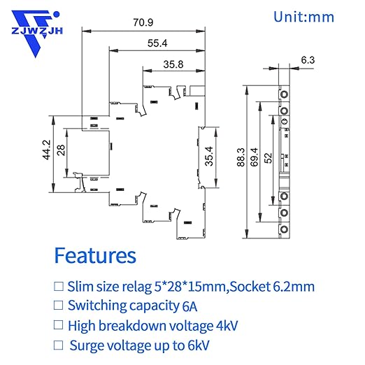3Pcs Electromechanical Relay Black Miniature Power Relay 24VDC and 24VAC HF41F/24-ZS 6Amp SPDT with LED Light, DIN Rail, Ultra Small and Thin Socket
