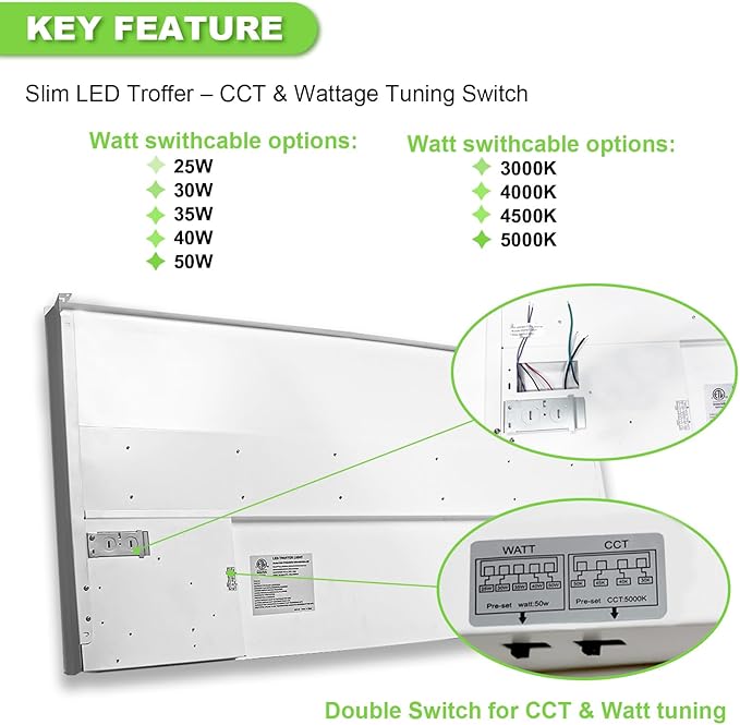Cortelco 2x4 LED Troffer Light-25W/30W/35W/40W/50W,Up to 7500 Lumens,4 CCT Selectable 3000K/3500K/4000K/5000K,0-10V Dimmable Drop Ceiling Panel,100-277V,ETL & DLC Listed,Commercial Grade,2 Pack