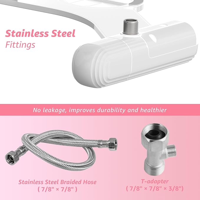 Ultra-Slim Bidet Attachment for Toilet, Non-Electric Dual Nozzle (Rear & Feminine Wash), Adjustable Fresh Cold Water Pressure, Stainless Steel Inlet, Easy to Install(Pink & White)