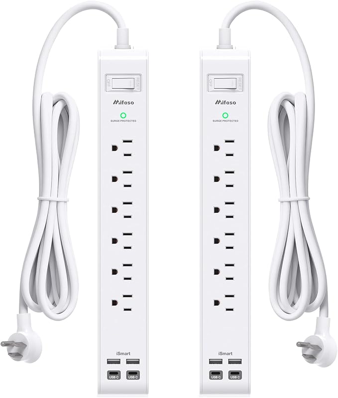 2 Pack Power Strip, 15FT Long Extension Cord, Surge Protector with 6 Outlets and 4 USB Charging Ports(2 USB C), Flat Plug Overload Protection, Wall Mount for Home Office Dorm College