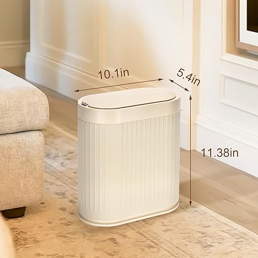 Bathroom Trash Can with Lid Automatic 2 Gallon Sensor Trash Bin, 7.5 Liter Smart Rubbish Bin, Motion Sensor Waterproof Bathroom Decor, Plastic Narrow Garbage Can for Bedroom, Office, Beige
