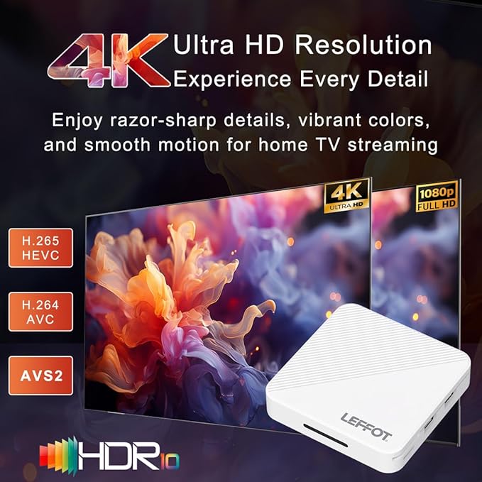 Android 14.0 TV Box 2025, LEFFOT H313 4K Ultra HD Streaming Device for TV with BT 5.4, 2GB RAM + 16GB ROM, Smart TV Box with Voice Remote, USB 3.0, HDR 10, 2.4G & 5G WiFi 6