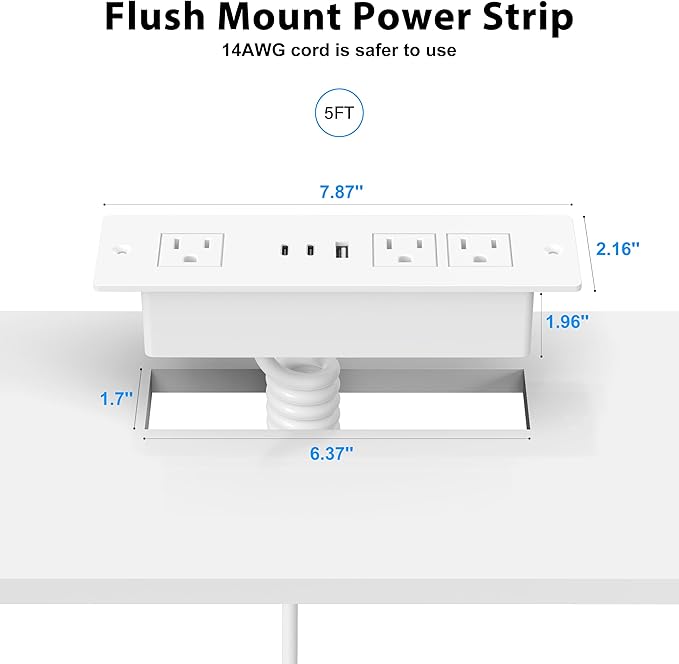 Furniture Drawer Outlet, Recessed Power Strip with (3) PD 20W USB Ports Fast Charging & (3) 15 Amp AC Outlets, (14 AWG) 10 FT White Spring Cord