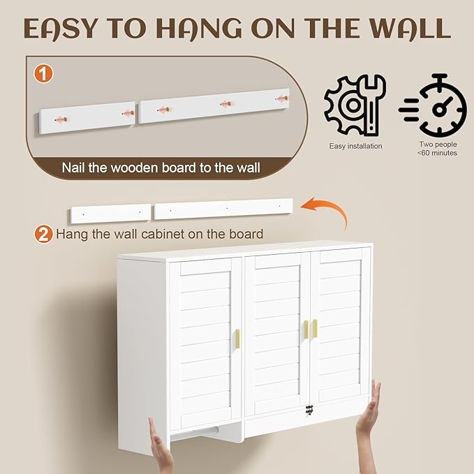 PAKASEPT 44.8" W Kitchen Wall Cabinet, Laundry Room Cabinets - Bathroom Wall Cabinet with Flip-Bottom Drawer and Hanging Rod, Storage Cabinets for Bathroom, Kitchen, Entryway, Laundry Room